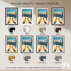 Les 2 Alpes Wall Art Ski Poster framed print options in black, white, natural, brown, gold, silver, dark grey, light grey.