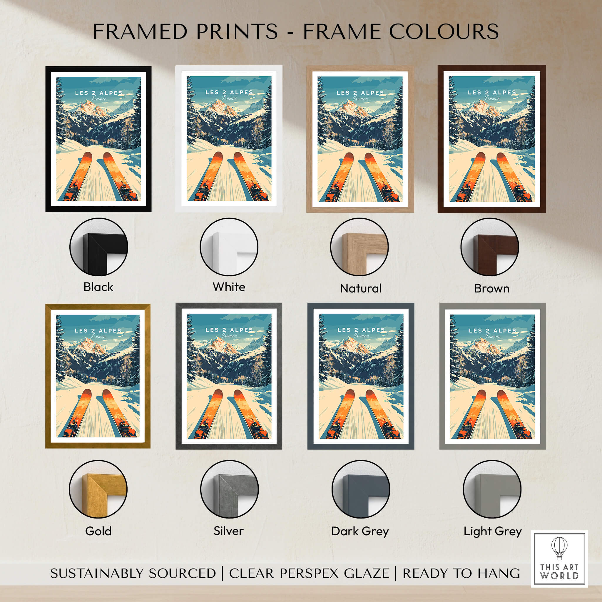 Les 2 Alpes Wall Art Ski Poster framed print options in black, white, natural, brown, gold, silver, dark grey, light grey.