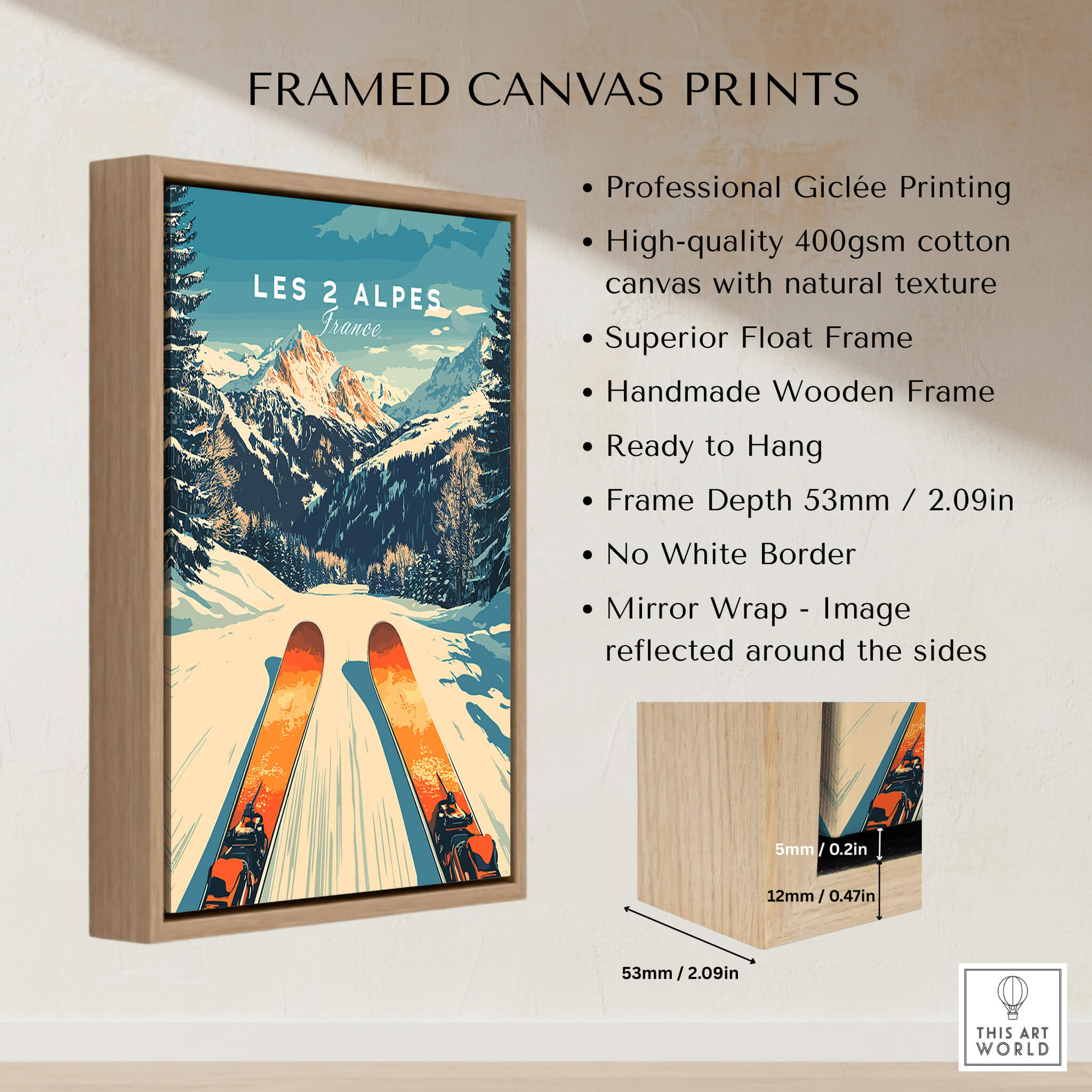 Les 2 Alpes Wall Art Ski Poster framed canvas print showcasing vibrant ski resort scenery.