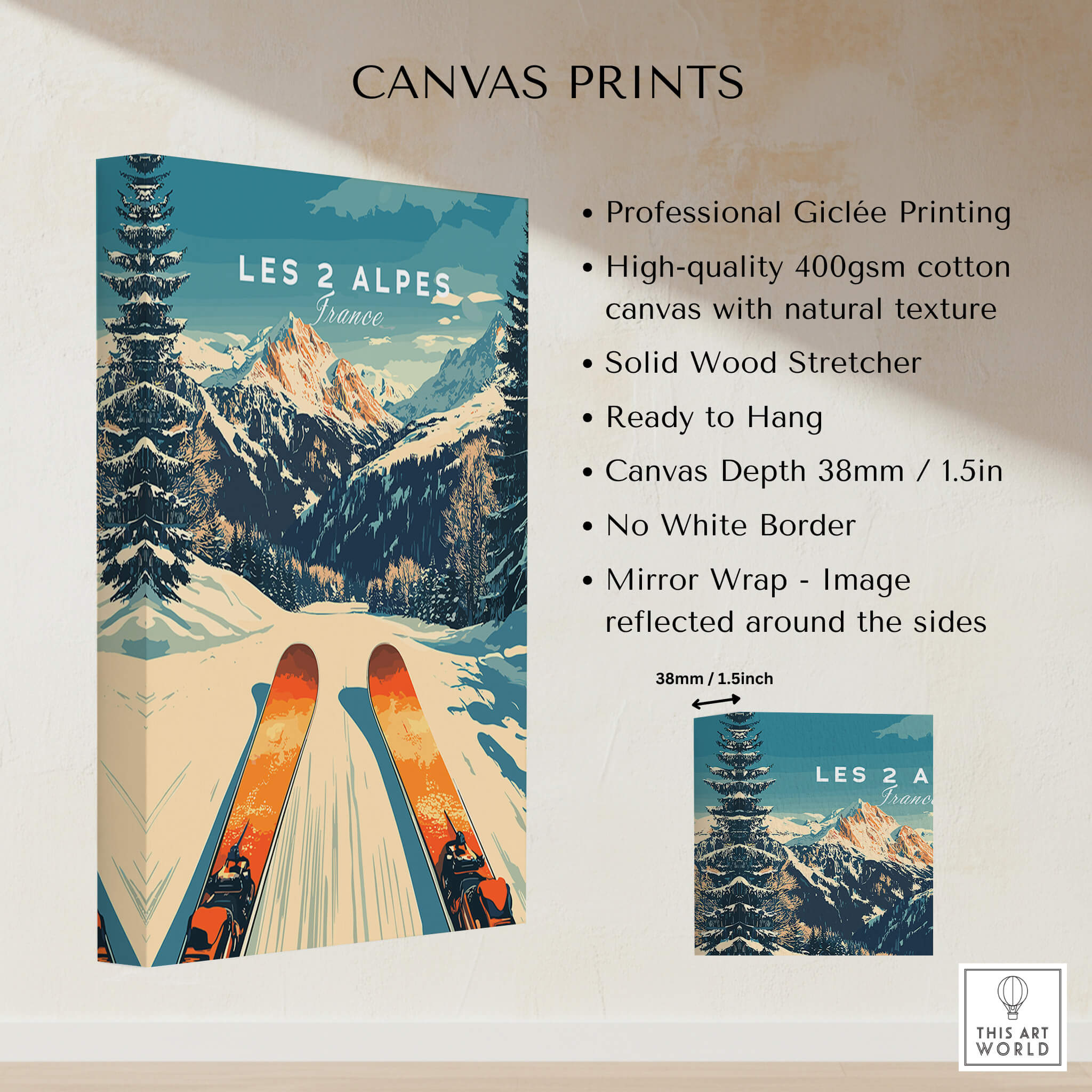 Les 2 Alpes Wall Art Ski Poster showcasing professional giclée printing and vibrant ski resort design.