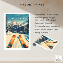 Les 2 Alpes Wall Art Ski Poster showcasing vibrant ski design and mountain scenery, perfect for home decor.