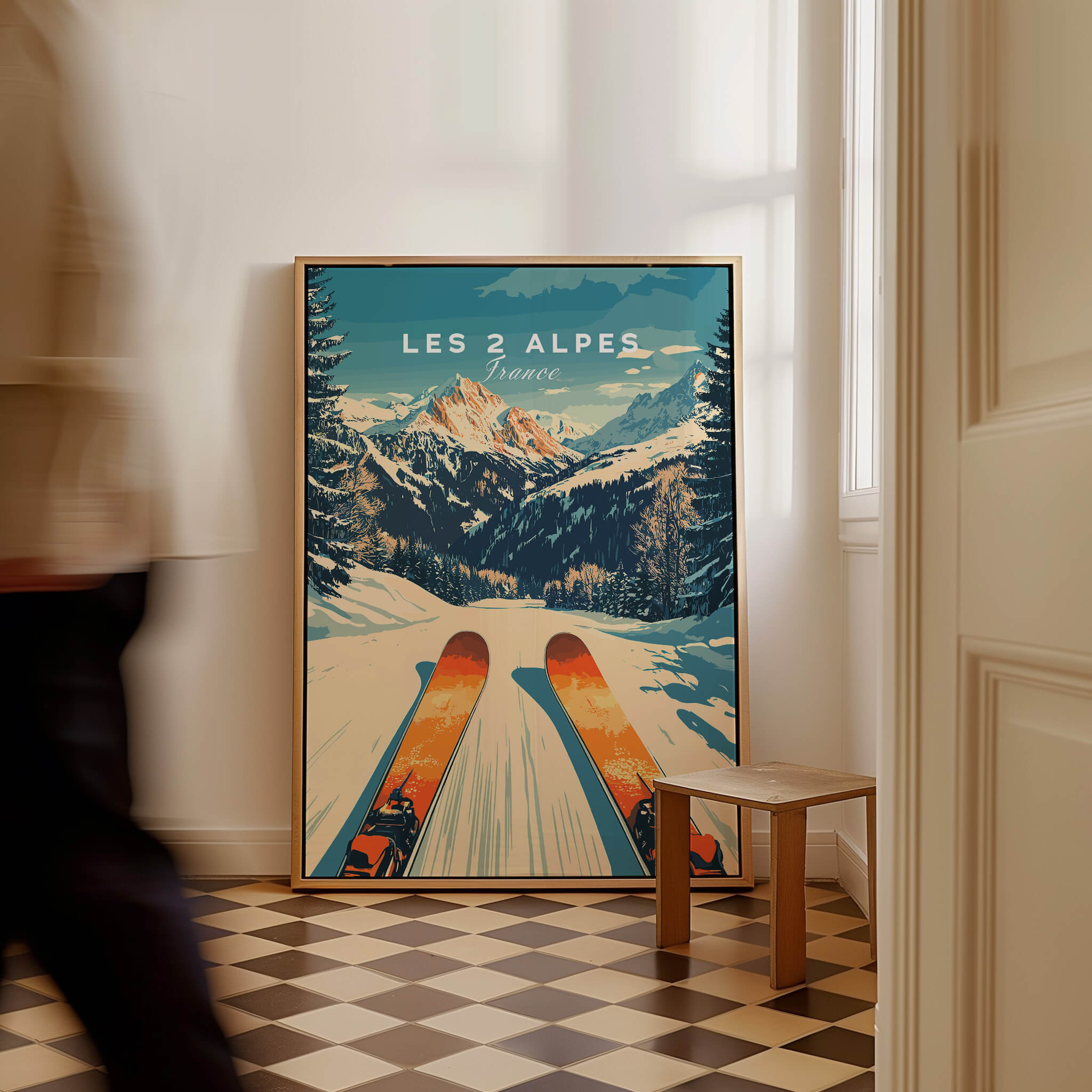 Les 2 Alpes Wall Art Ski Poster featuring vibrant ski scene and stunning mountain backdrop.