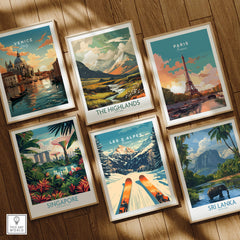 Les 2 Alpes Wall Art Ski Poster among various travel-themed art prints showcasing vibrant destinations.