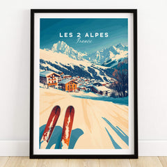 Les 2 Alpes Art Ski Print depicting a vibrant ski scene with mountains and skis in the foreground.