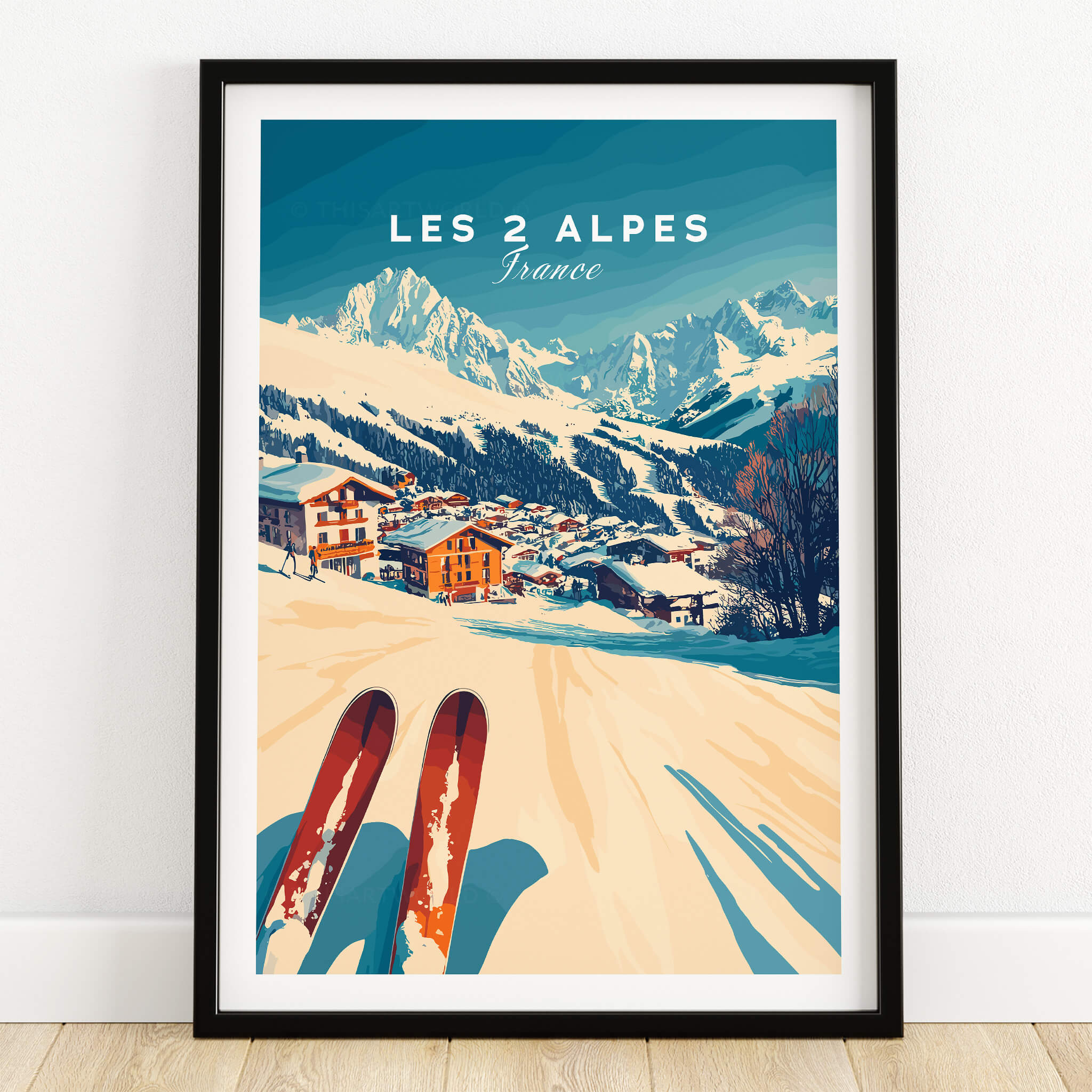 Les 2 Alpes Art Ski Print depicting a vibrant ski scene with mountains and skis in the foreground.