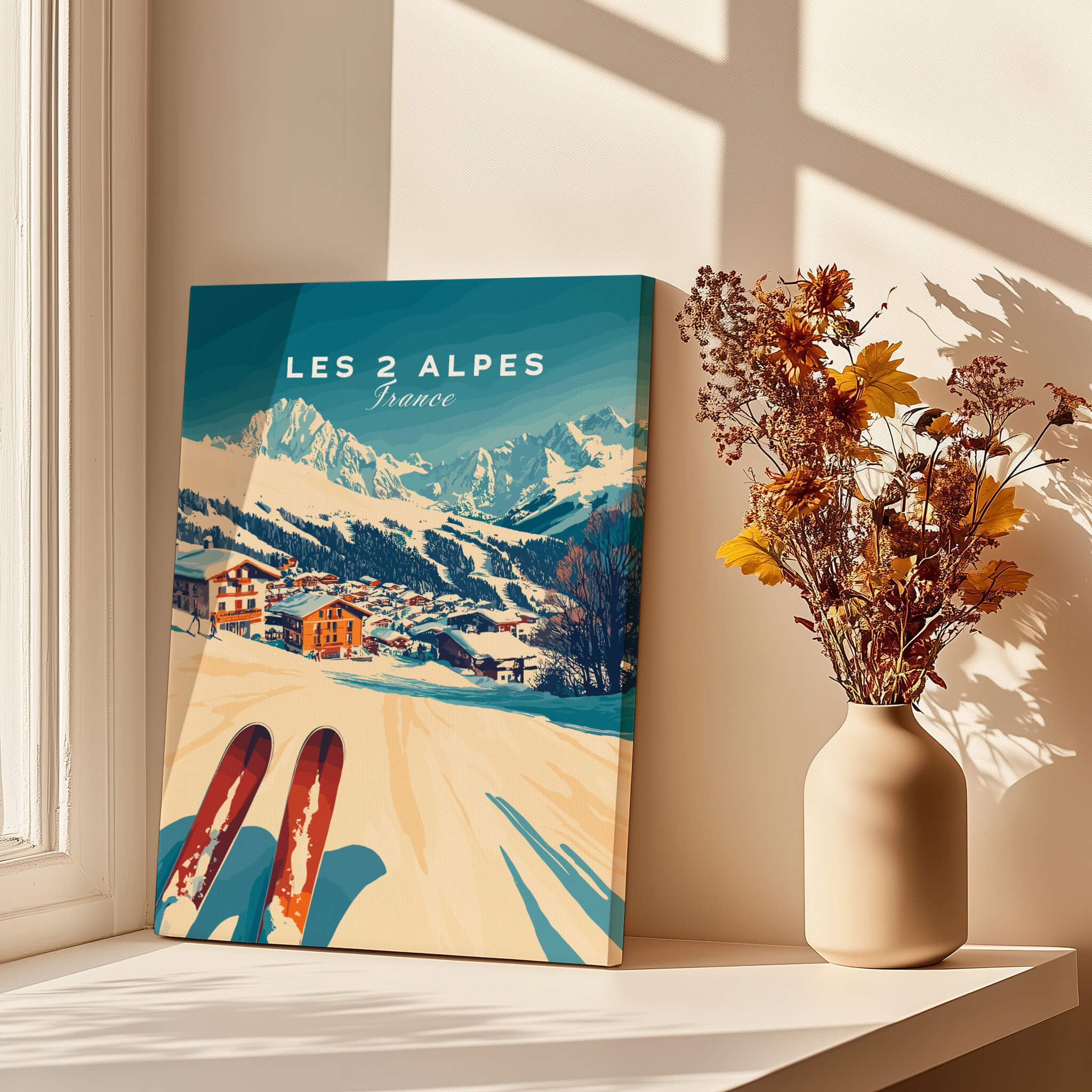 Les 2 Alpes Art Ski Print displayed in a bright room, showcasing vibrant ski scenery and decor.