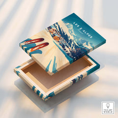 Les 2 Alpes Art Ski Print featured on a stylish wooden box, showcasing vibrant ski art and alpine scenery.