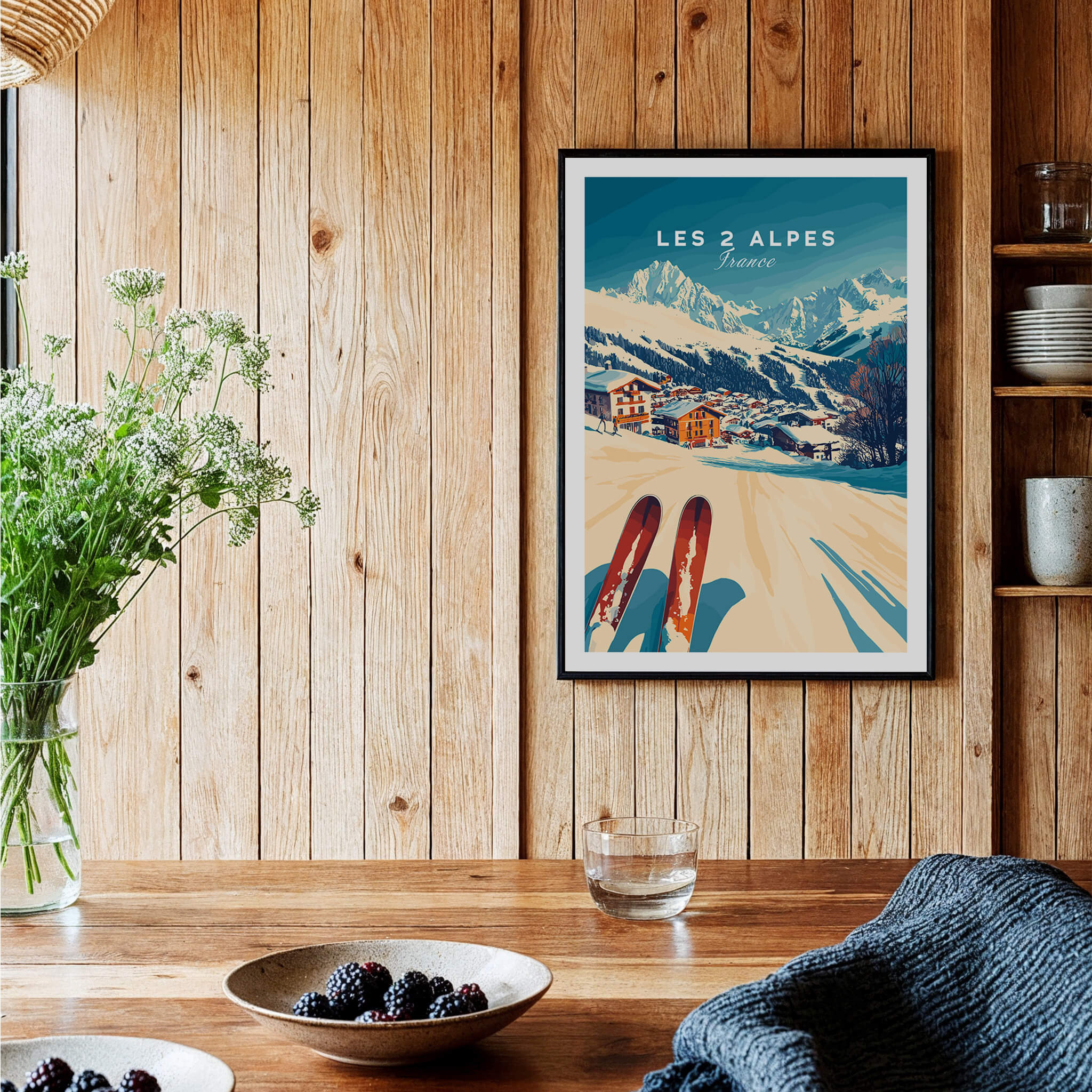 Les 2 Alpes Art Ski Print showcasing vibrant skiing scene in a cozy wooden interior setting.