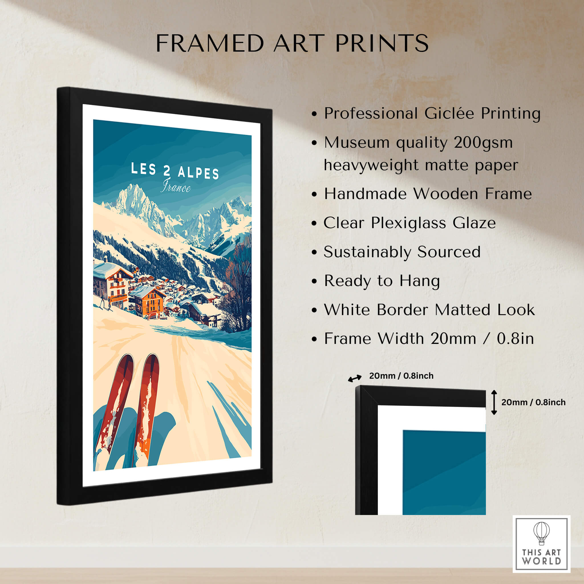 Les 2 Alpes Art Ski Print framed art print showcasing vibrant ski landscape and quality craftsmanship.
