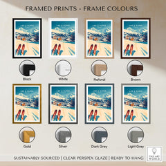 Les 2 Alpes Art Ski Print framed in various colors including black, white, natural, and brown options.