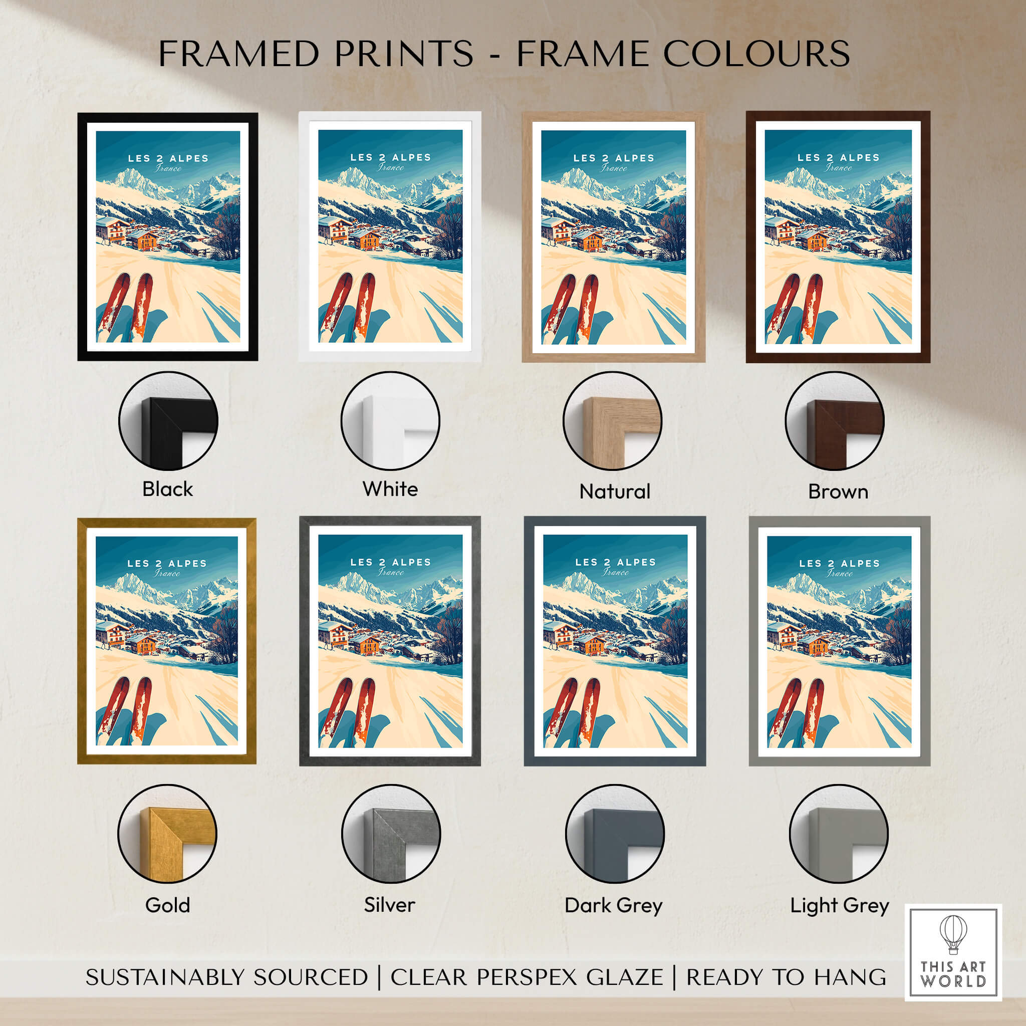 Les 2 Alpes Art Ski Print framed in various colors including black, white, natural, and brown options.
