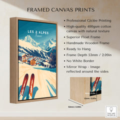 Les 2 Alpes Art Ski Print framed canvas showcasing vibrant ski scenery and elegant wooden frame.