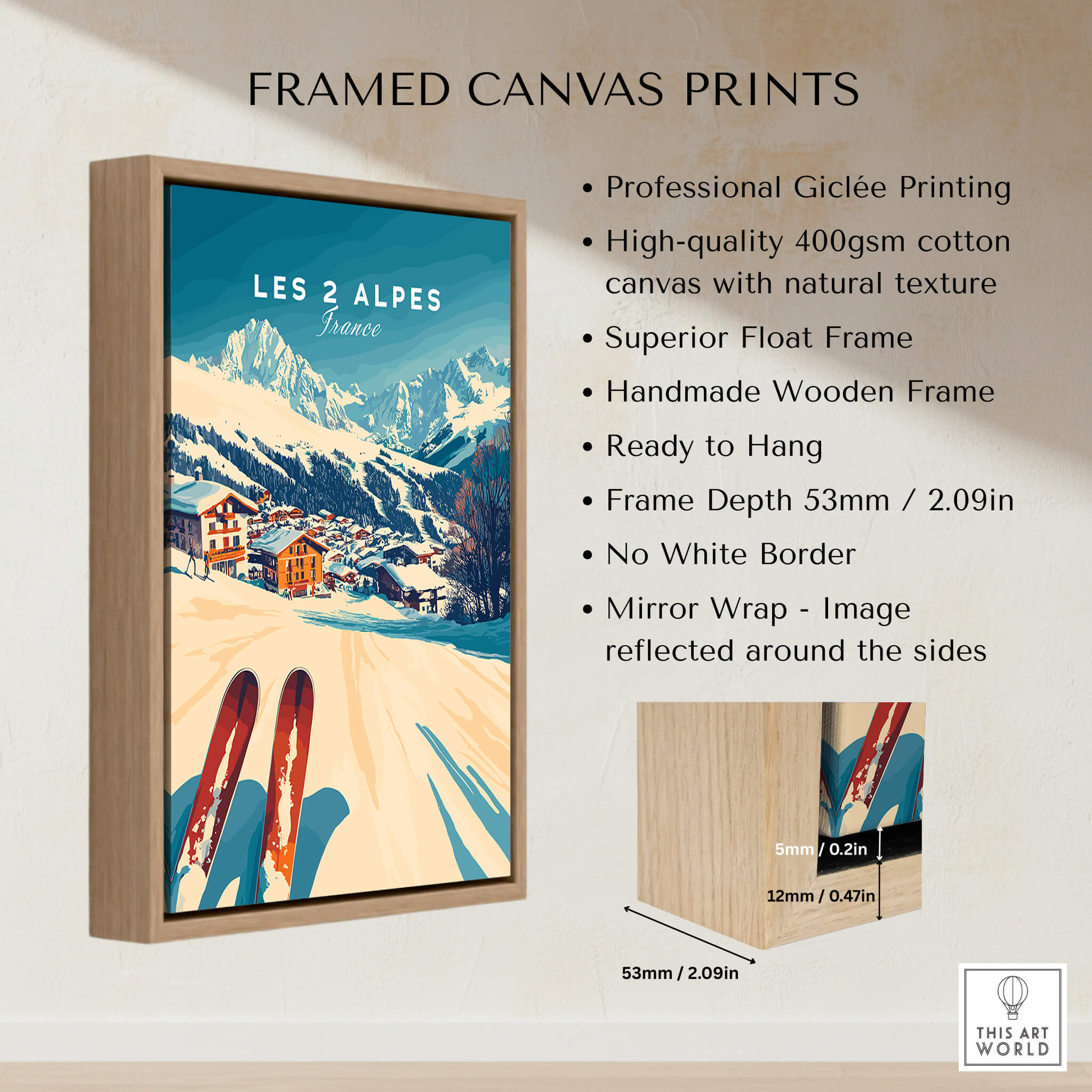 Les 2 Alpes Art Ski Print framed canvas showcasing vibrant ski scenery and elegant wooden frame.
