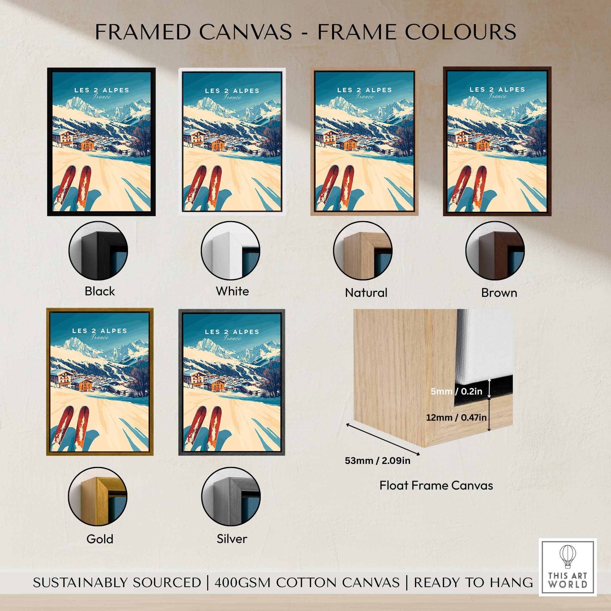 Les 2 Alpes Art Ski Print framed canvas options in various colors including black, white, natural, brown, gold, and silver.
