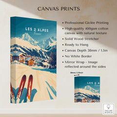 Les 2 Alpes Art Ski Print showcasing vibrant ski scene with professional Giclée printing and ready to hang features.