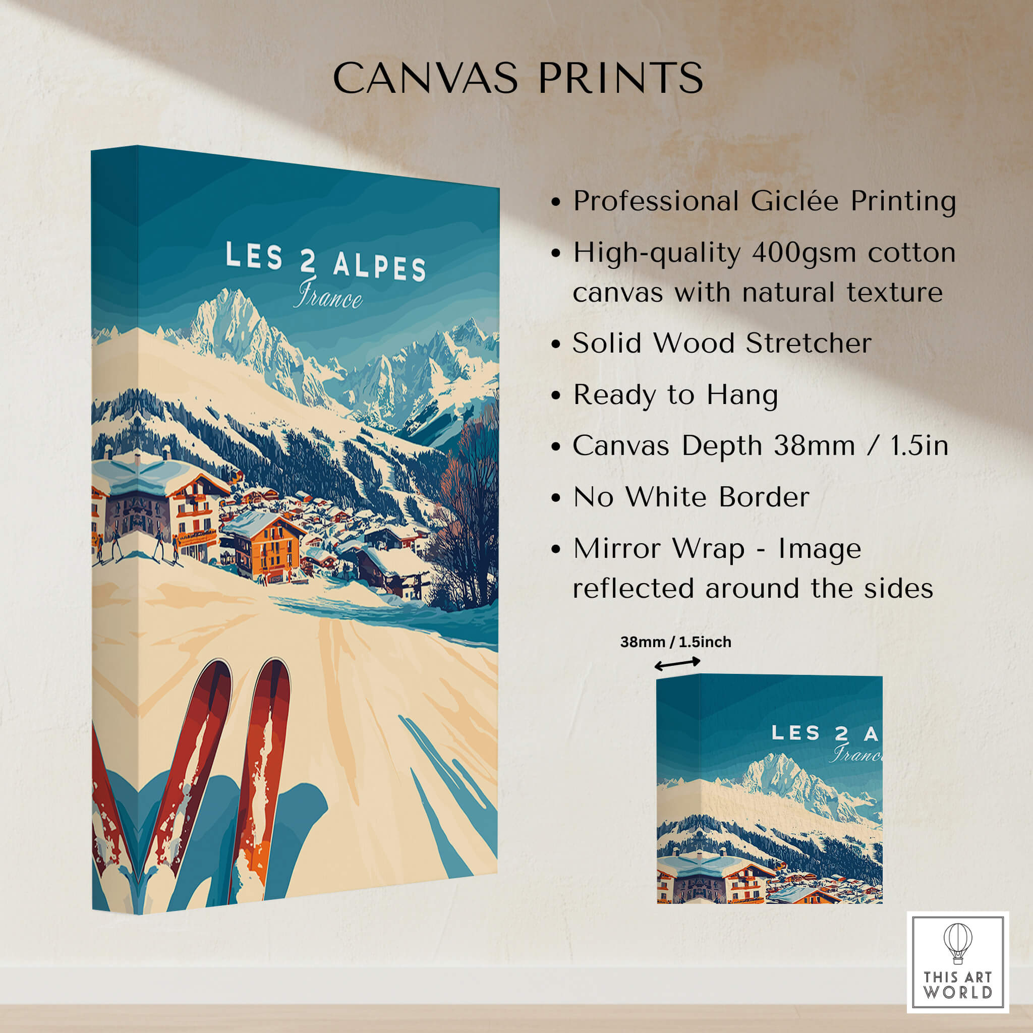 Les 2 Alpes Art Ski Print showcasing vibrant ski scene with professional Giclée printing and ready to hang features.