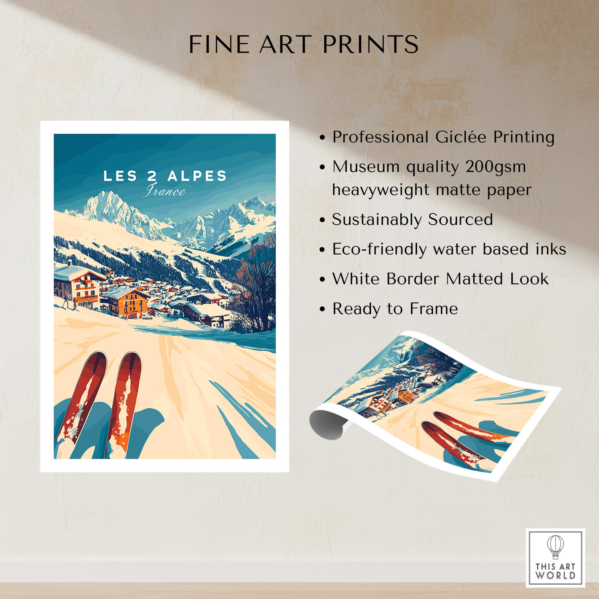 Les 2 Alpes Art Ski Print showcasing vibrant artwork of the ski resort in France, ideal for ski decor.