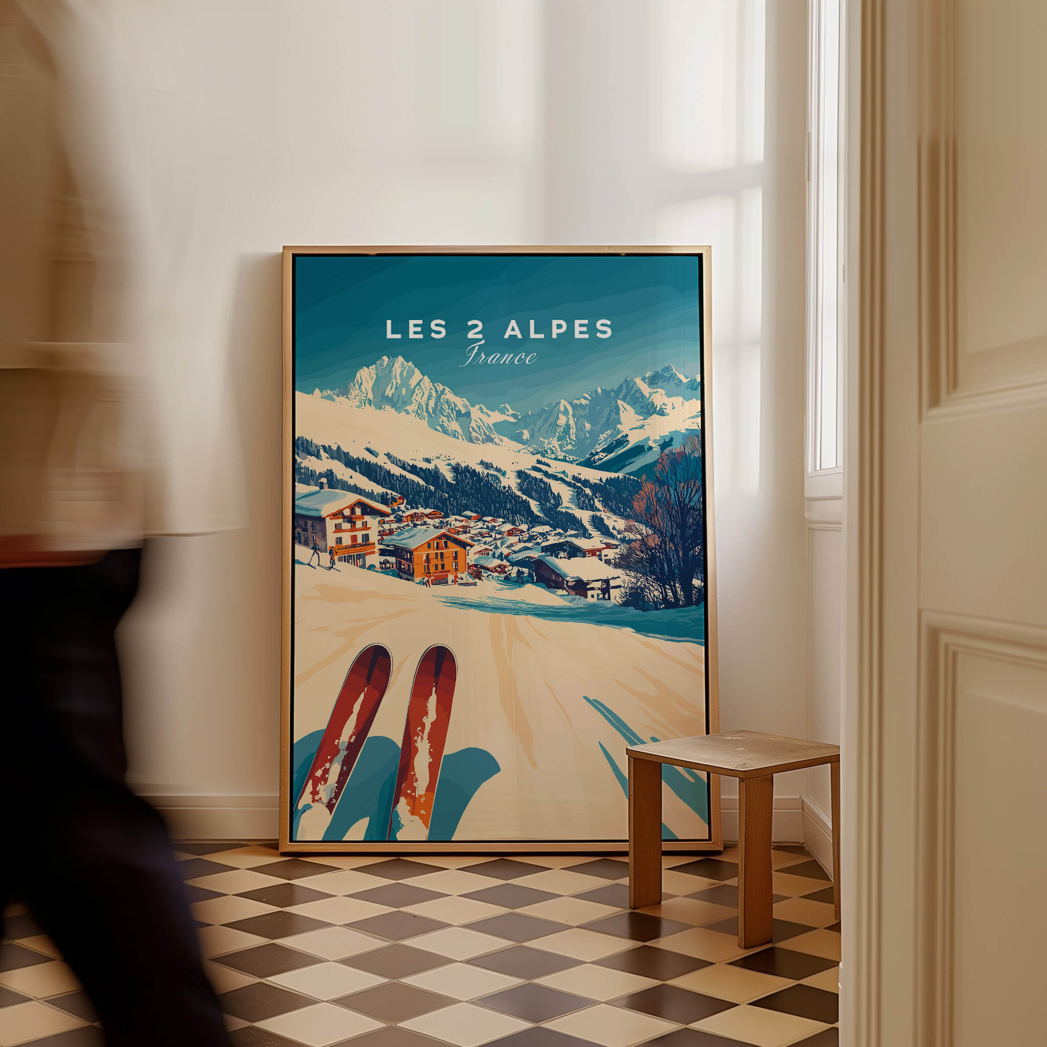 Les 2 Alpes Art Ski Print displayed in a stylish interior, showcasing vibrant ski-themed artwork.