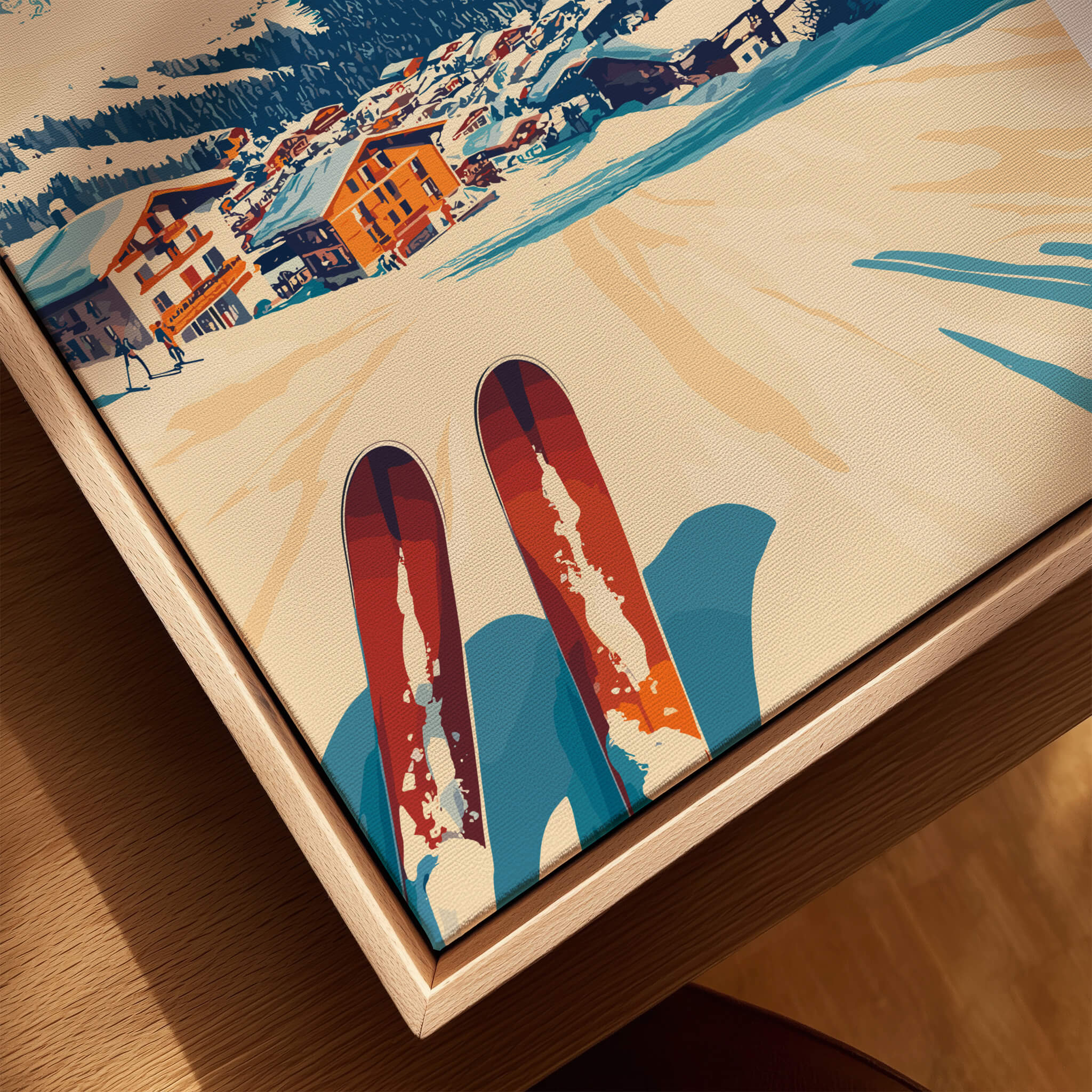 Les 2 Alpes Art Ski Print featuring vibrant artwork of skis on snow-covered slopes.