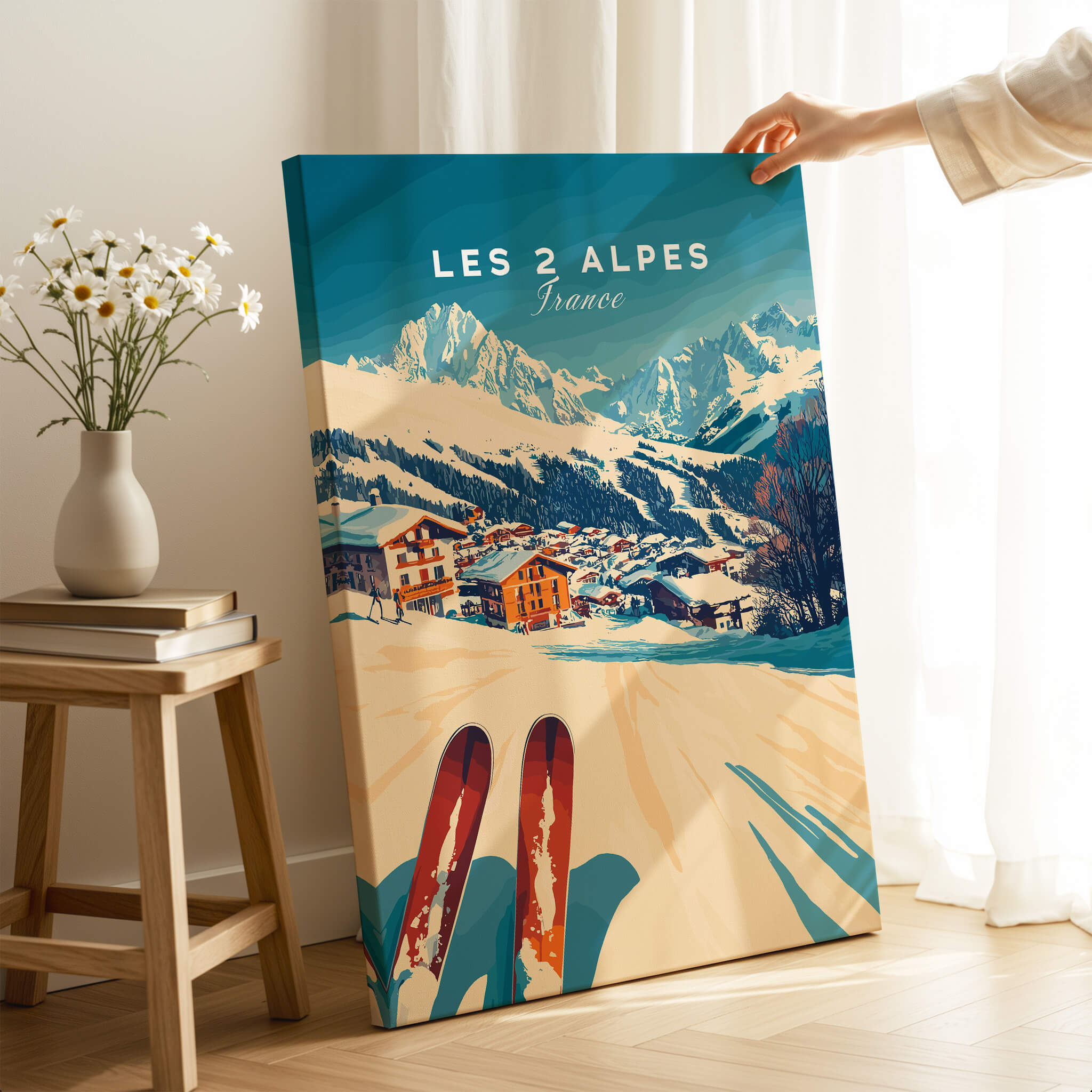 Les 2 Alpes Art Ski Print featuring vibrant skiing scenery and a cozy decor setting.