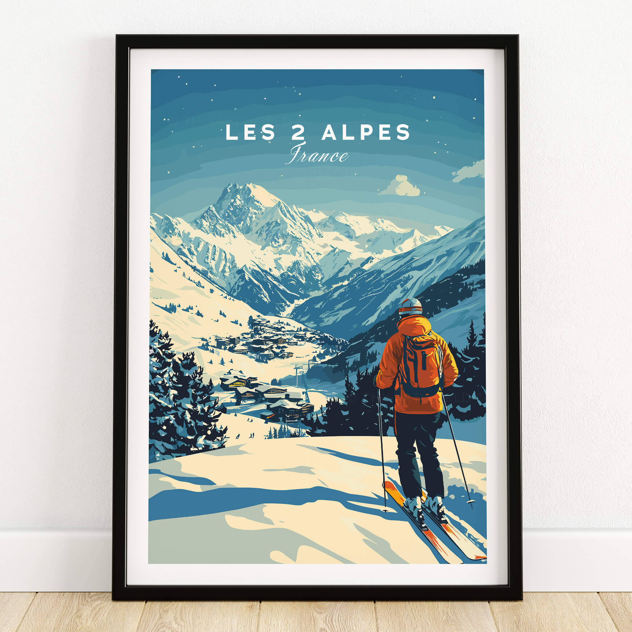 Les 2 Alpes Print France featuring a skier in a stunning snowy landscape of Les 2 Alpes, France.