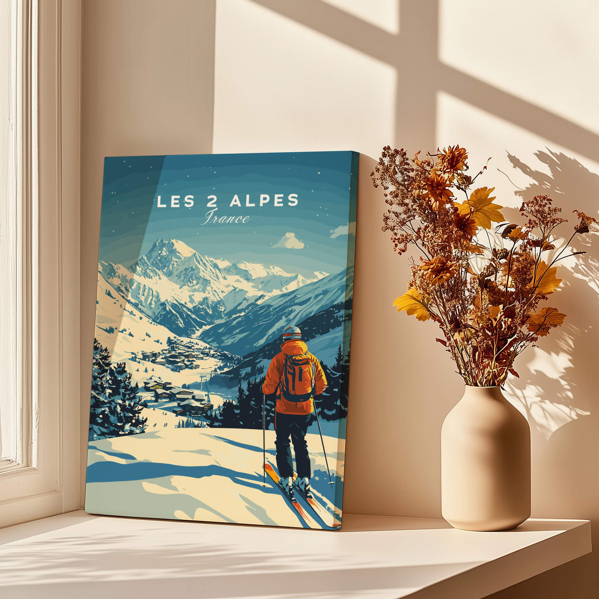 Les 2 Alpes Print France showcasing a skier in the picturesque snowy landscape of Les 2 Alpes, France.
