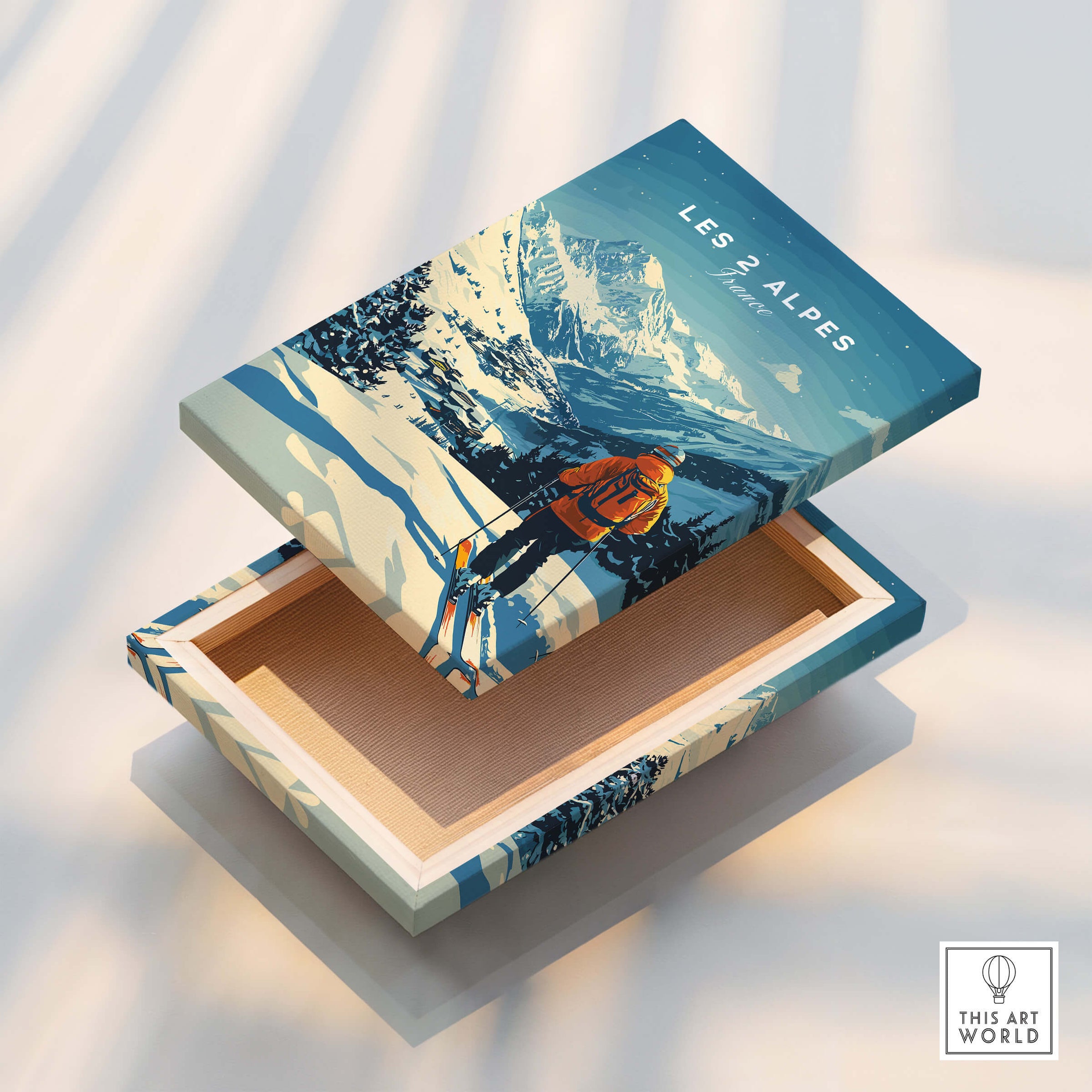 Les 2 Alpes Print France ski art print box showcasing stunning mountain scenery and skier design.