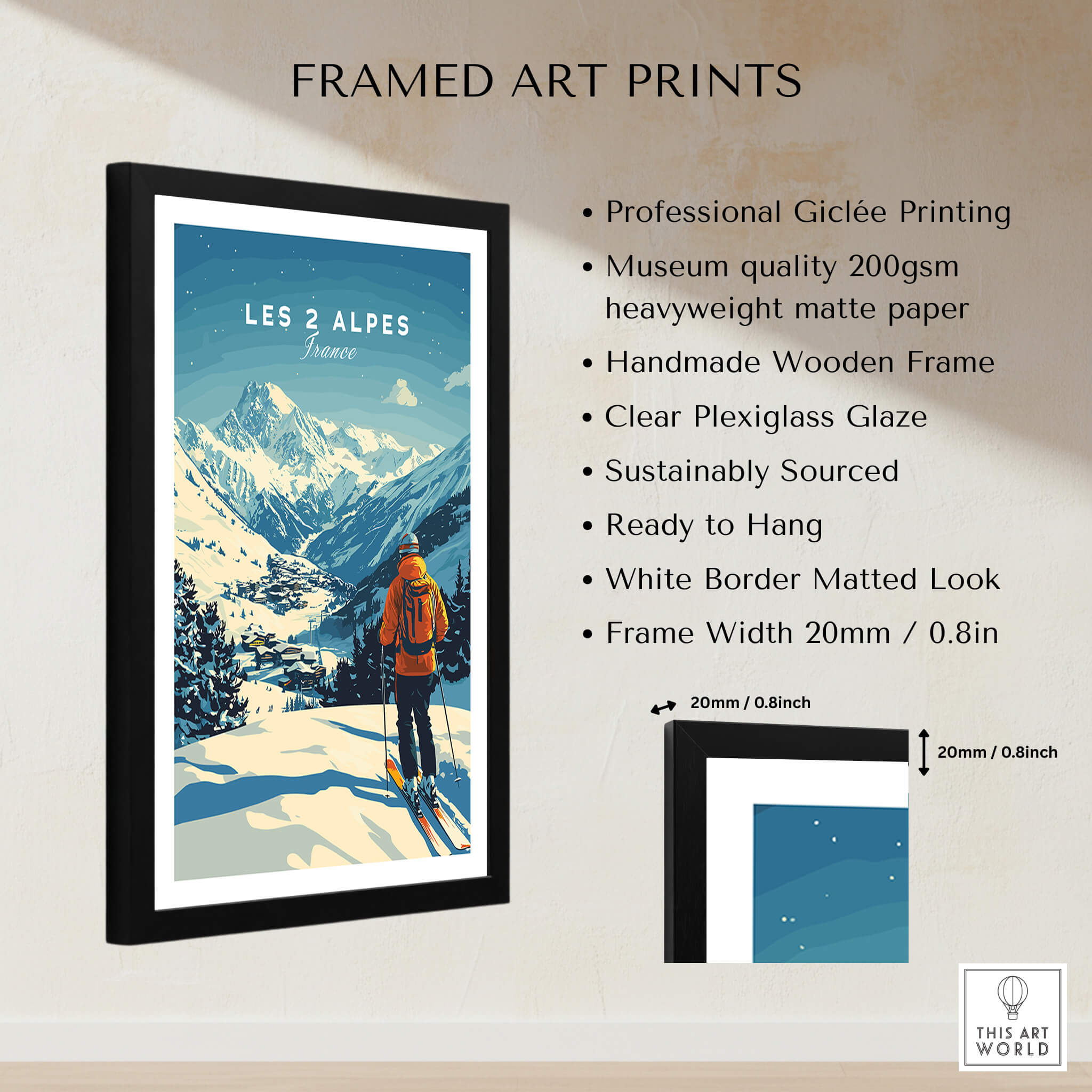 Les 2 Alpes Print France framed art print showcasing a skier with mountains in the background, perfect for ski enthusiasts.
