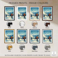 Framed prints of Les 2 Alpes Print France in various frame colors including black, white, natural, brown, gold, silver, dark grey, and light grey.