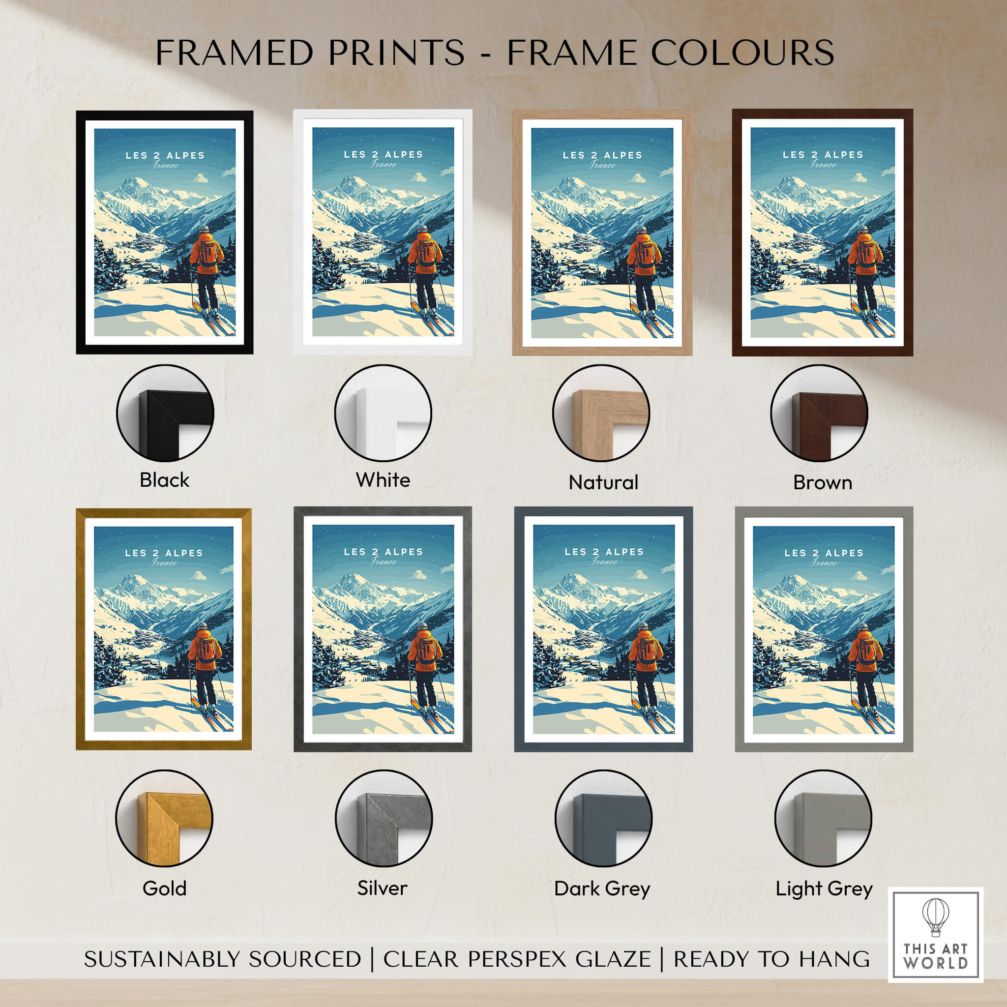 Framed prints of Les 2 Alpes Print France in various frame colors including black, white, natural, brown, gold, silver, dark grey, and light grey.