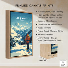 Framed canvas print featuring Les 2 Alpes Print France with mountain scenery and a skier.