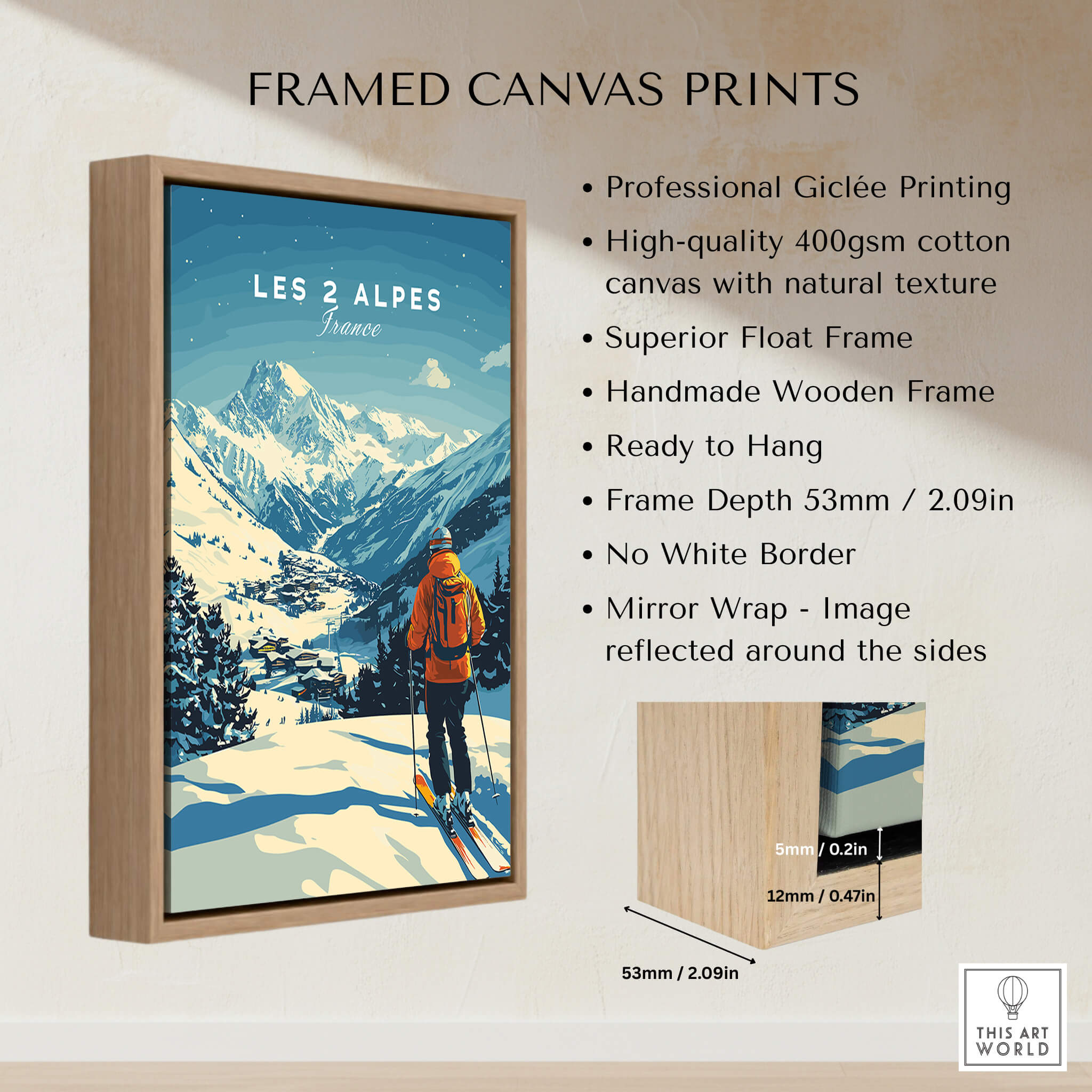 Framed canvas print featuring Les 2 Alpes Print France with mountain scenery and a skier.
