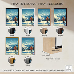 Framed canvas options for Les 2 Alpes Print France showcasing various frame colors including black, white, natural, brown, gold, and silver.