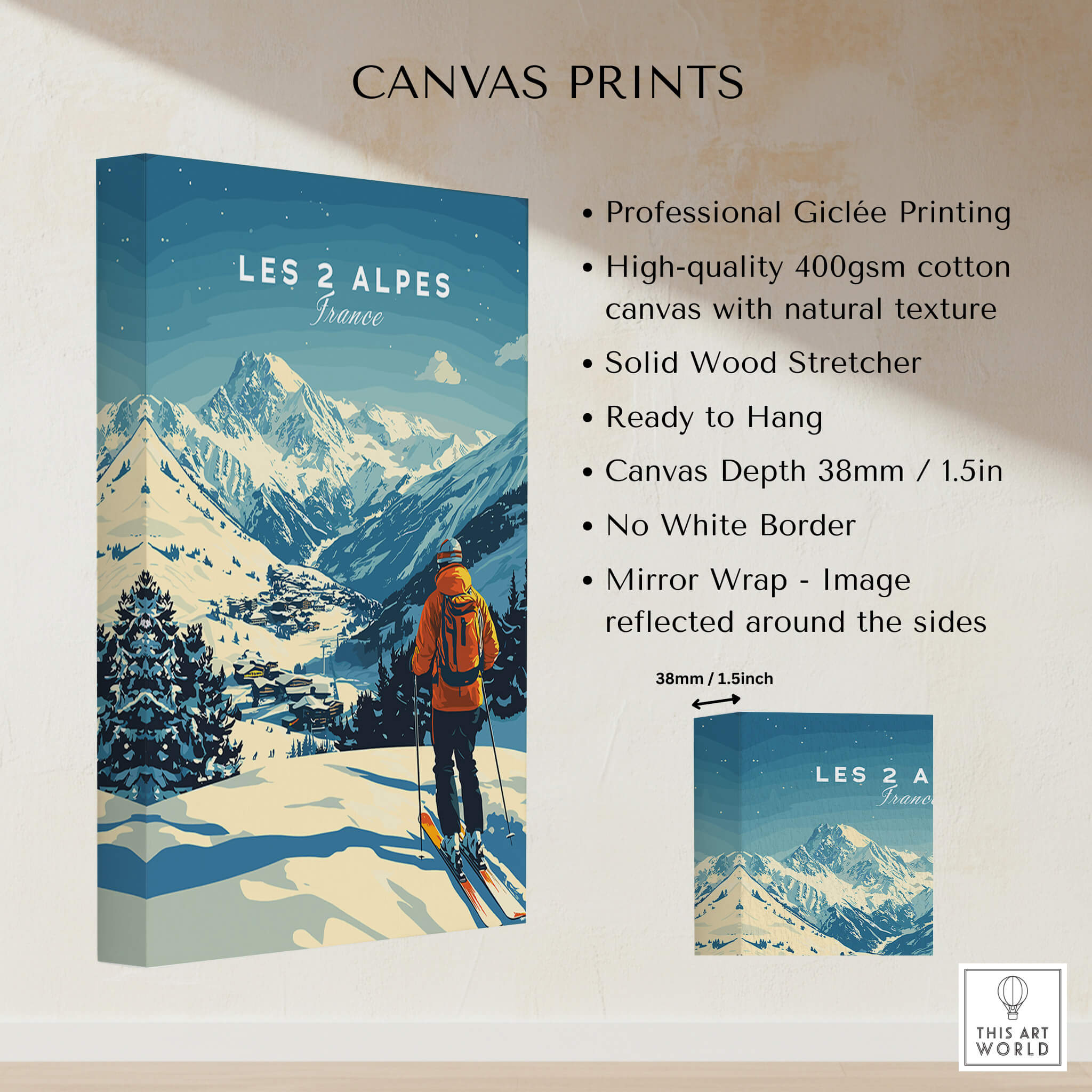 Les 2 Alpes Print France canvas print showcasing ski art in the beautiful Alps with stunning mountain views.