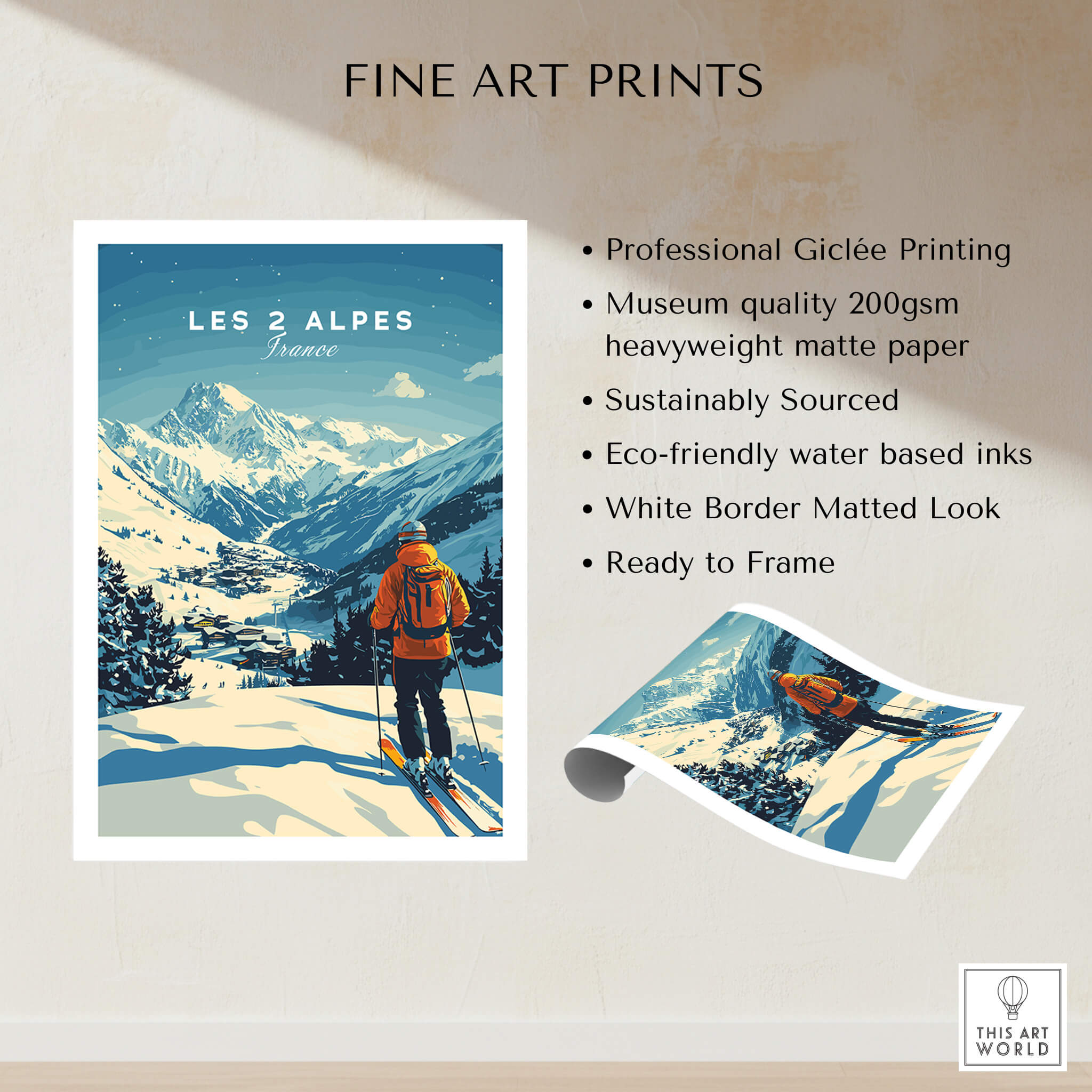 Les 2 Alpes Print France featuring a skier on snowy slopes with mountains in the background.