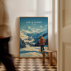 Les 2 Alpes Print France featuring a skier in a snowy landscape with mountains in the background.