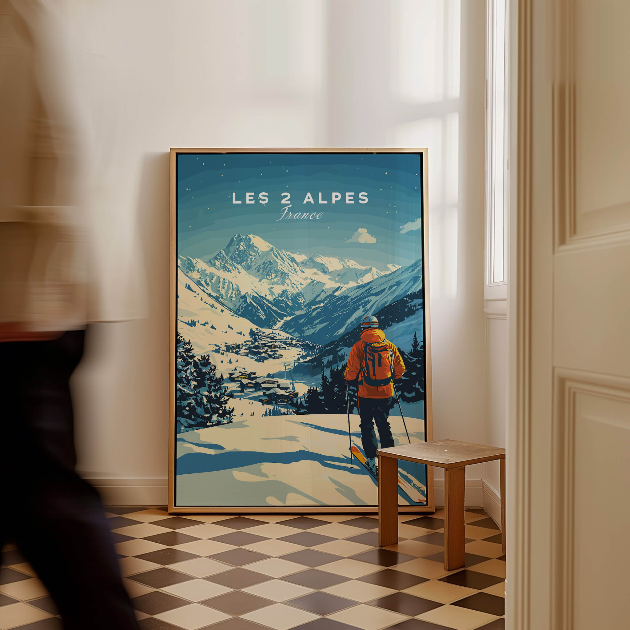 Les 2 Alpes Print France featuring a skier in a snowy landscape with mountains in the background.