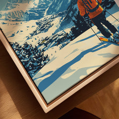 Les 2 Alpes Print France showcasing a skier on the slopes with a stunning snowy landscape in the background.