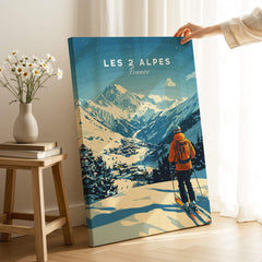 Les 2 Alpes Print France showcasing a skier amidst stunning mountain scenery, perfect for ski art lovers.