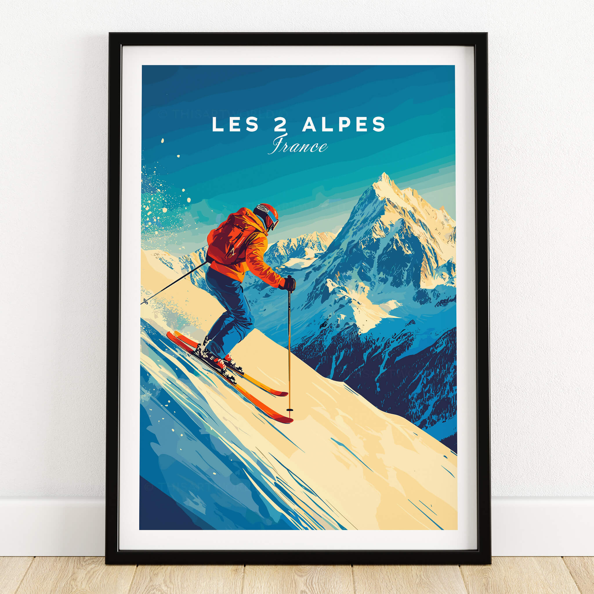 Les 2 Alpes Wall Art Ski Print featuring a skier in front of majestic mountains.