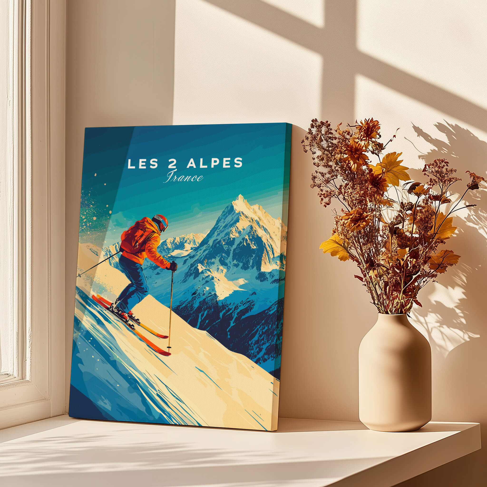 Les 2 Alpes Wall Art Ski Print featuring a skier on snow-covered mountains in vibrant colors.