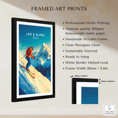 Les 2 Alpes Wall Art Ski Print framed with a wooden frame, showcasing a skier on a mountainside, vibrant colors.