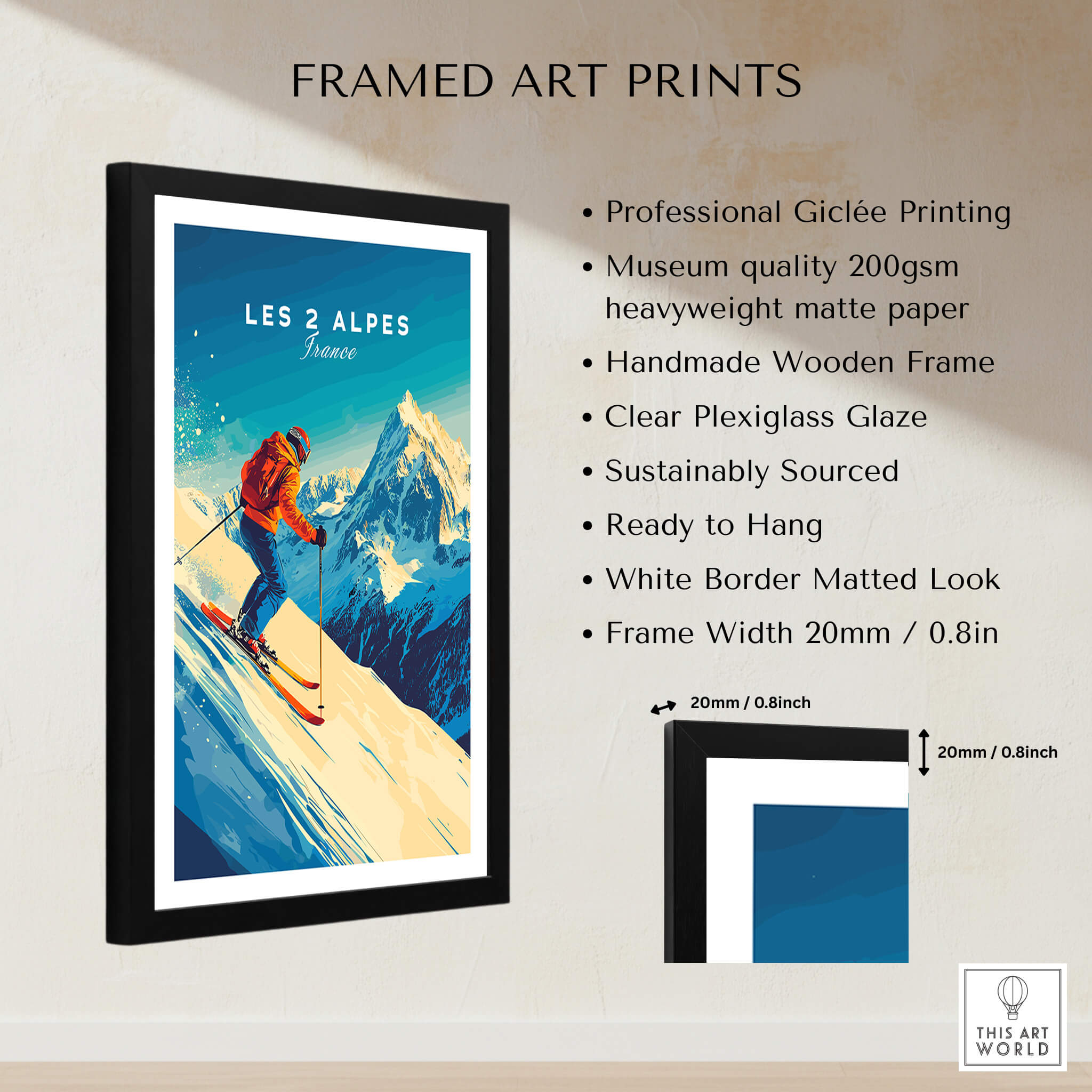 Les 2 Alpes Wall Art Ski Print framed with a wooden frame, showcasing a skier on a mountainside, vibrant colors.