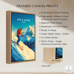 Les 2 Alpes Wall Art Ski Print in a framed canvas format showcasing a skier against a vibrant mountain backdrop.
