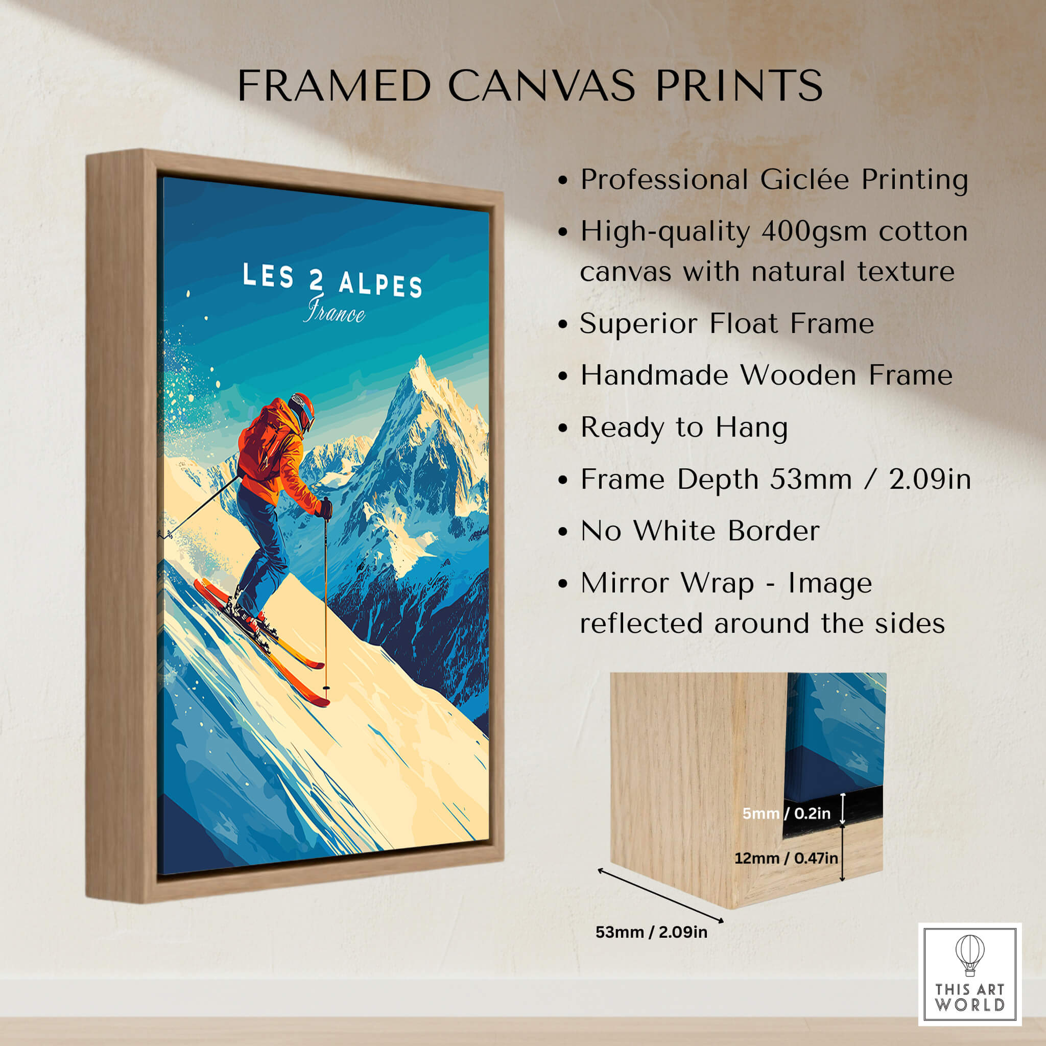 Les 2 Alpes Wall Art Ski Print in a framed canvas format showcasing a skier against a vibrant mountain backdrop.