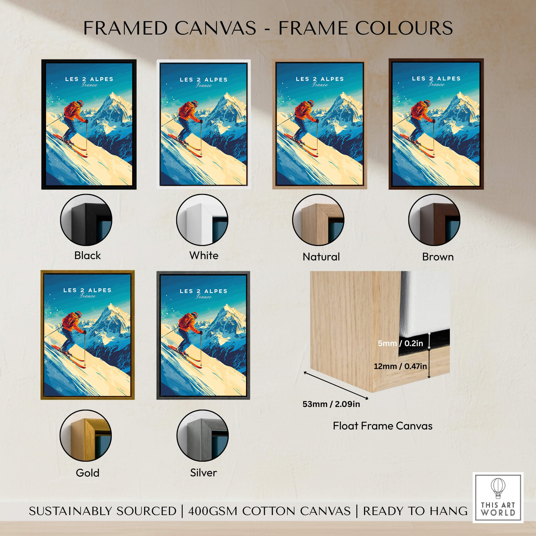 Framed options for Les 2 Alpes Wall Art Ski Print in various frame colors including black, white, natural, brown, gold, and silver.