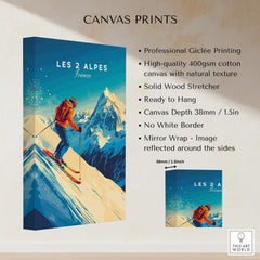 Les 2 Alpes Wall Art Ski Print showcasing vibrant mountain scenery and skier, perfect for home decor.