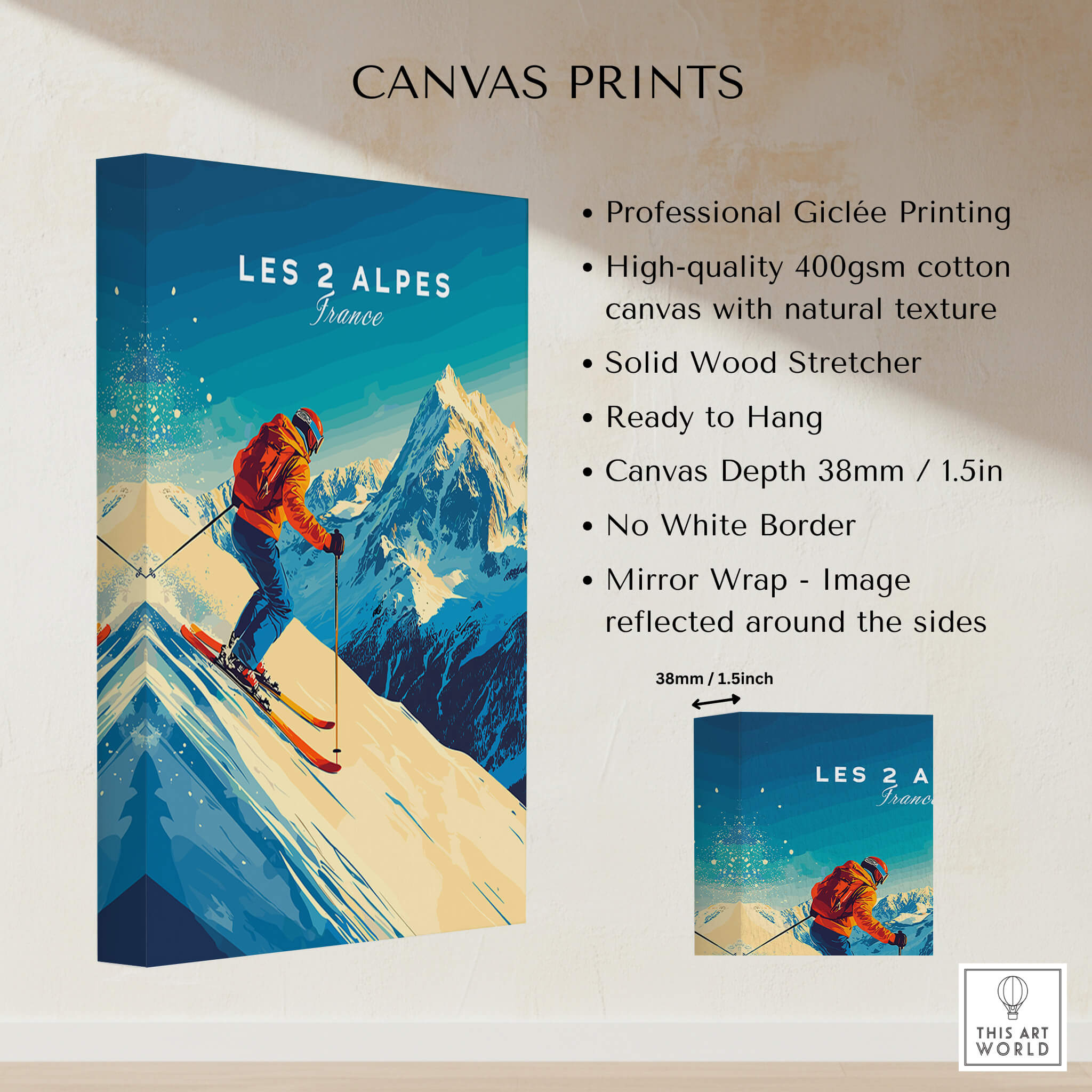 Les 2 Alpes Wall Art Ski Print showcasing vibrant mountain scenery and skier, perfect for home decor.