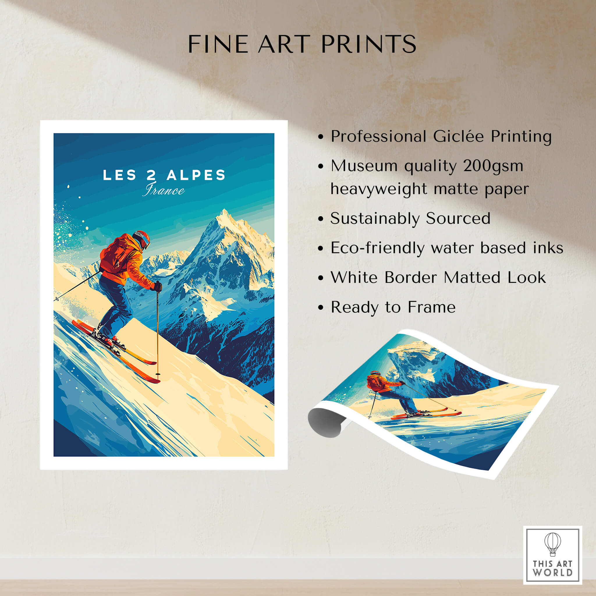 Les 2 Alpes Wall Art Ski Print showcasing a skier on a snowy mountain, perfect for any ski enthusiast.