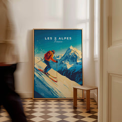 Les 2 Alpes Wall Art Ski Print featuring a skier on a snowy mountain with vibrant colors and intricate details.